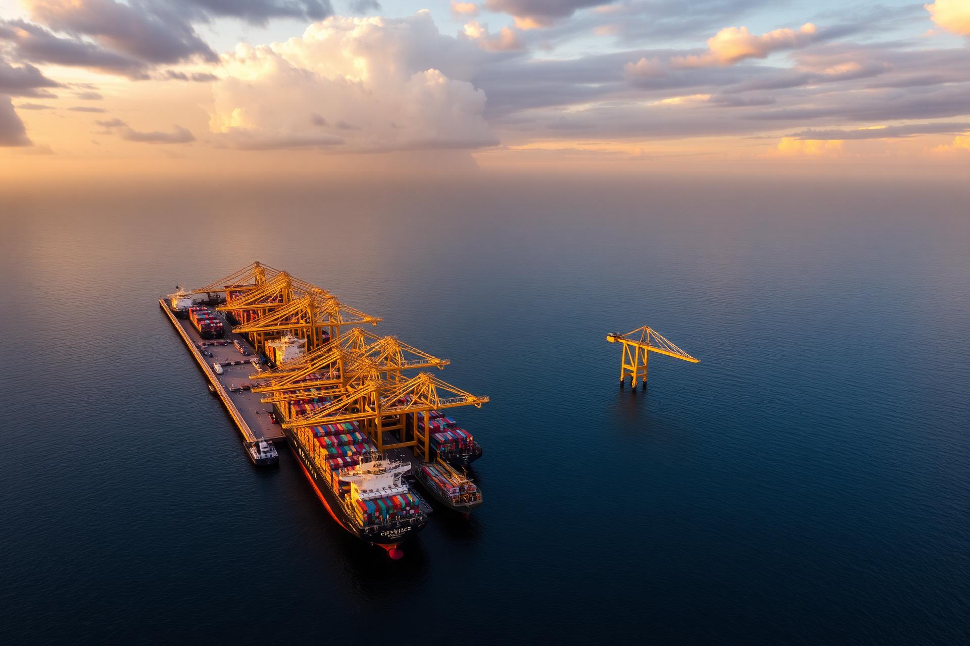Global trade port at golden hour